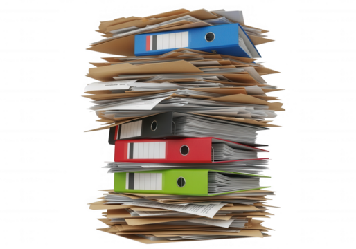 Stacked paper files and binders isolated on a transparent background