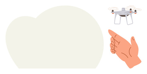 Hand gesturing towards a hovering quadcopter with props above blank cloud-shaped background. Ideal for technology, innovation, remote control, aerial photography, communication, navigation, modern