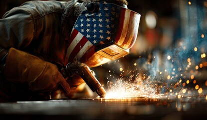 American Flag Welding Mask in Sparks and Dark Workshop Blue Jean Jacket Brown Gloves Performing Fabrication High Heat Industrial Workplace Bright Light