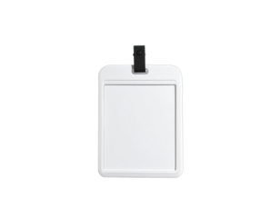 Blank white ID badge holder, centered on a black background
