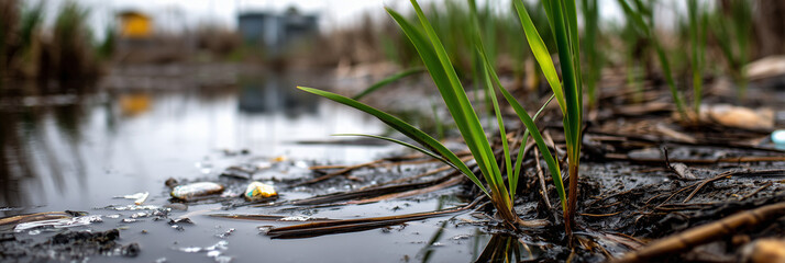 Marsh with floating debris and green reeds in polluted water