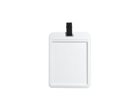 Blank white ID badge holder, centered on a black background
