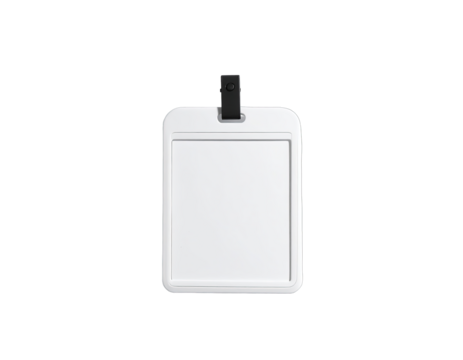 Blank white ID badge holder, centered on a black background