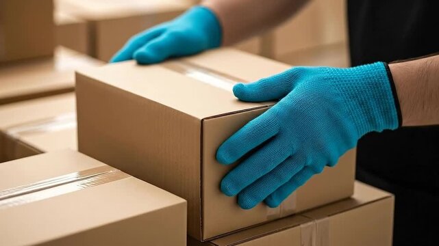 Close Up of Person in Blue Gloves Stacking Cardboard Boxes in Warehouse Logistics and Shipping Industry Theme High Angle View and Selective Focus