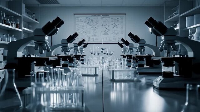 Scientific research laboratory with microscopes and glassware