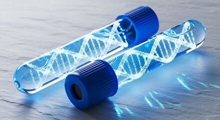 Two dna helix structures glowing inside test tubes on a stone surface