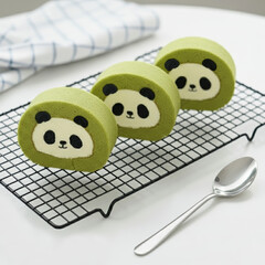 Matcha panda cake roll on black rack