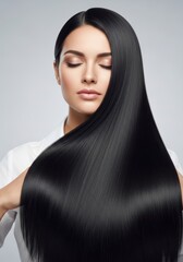 woman with long, healthy dark hair and perfect skin. Young brunette model with smooth, shiny hair in motion. Beauty portrait perfect for hair care, shampoo, and salon advertisements.