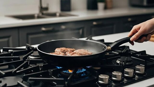 Ground Meat Sizzles on Gas Stove in Black Pan with White Countertops and Modern Kitchen Interior Featuring Dark Gray Cabinets Cooking Meat Advertising Ready Meal Preparation 199 chars