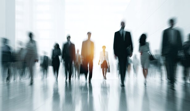 Blurred Business People Walking in Modern Building with Sunlight White Background and Formal Attire