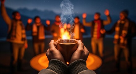 Close-up of hands holding a steaming mug of hot beverage, warming up by a cozy campfire with a group of friends enjoying the evening outdoors.