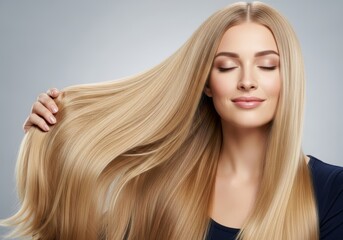Beautiful woman with long, healthy blonde hair. Young model with smooth, shiny hair in motion. Beauty portrait perfect for hair care, shampoo, and salon advertisements.
