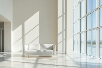 Bright and modern interior with white couch and large windows in a spacious living area during daylight