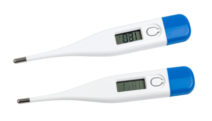 Two slim digital medical thermometers with LCD screens, isolated on transparent background