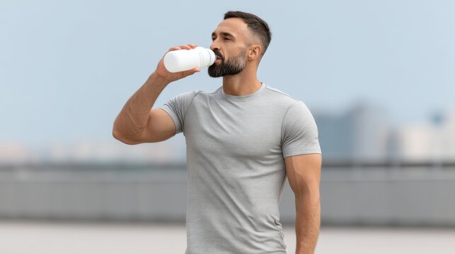 Athletic man with beard drinking water from sports bottle on outdoor terrace enjoying fitness lifestyle and hydration during workout breaks in modern city environment - Powered by Adobe