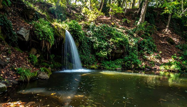 Quiet forest waterfall flows into soft pool, dusk