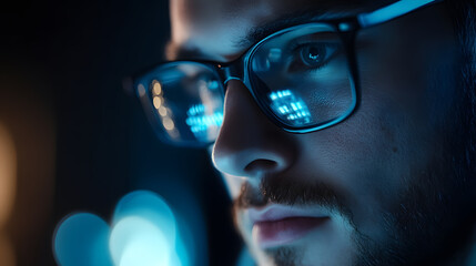 A focused businessman working late at night, analyzing reports on his computer.