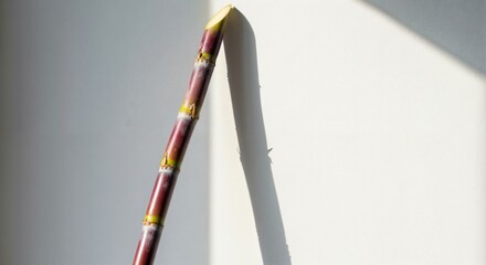 Vibrant purple sugarcane stalk with green nodes casting a long shadow on a bright white background, highlighting its natural texture and color