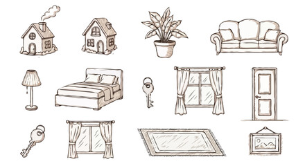 Hand-drawn vector icon set of home interior elements and building