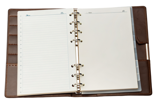 Open planner with lined pages in leather cover for organization and productivity in office work