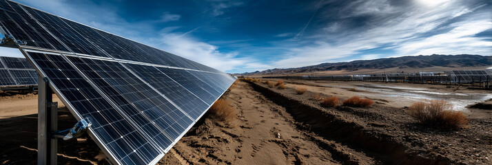 Solar farm in dry valley under dramatic cloudy sky