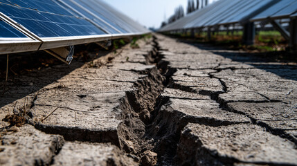 Solar farm in dry valley with cracked ground close-up