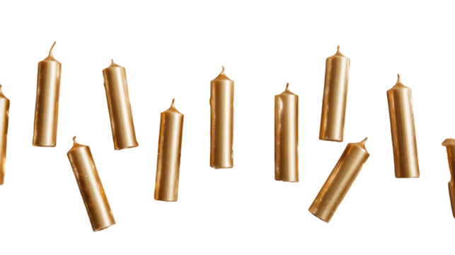 Group of golden birthday candles arranged in a row isolated on transparent background