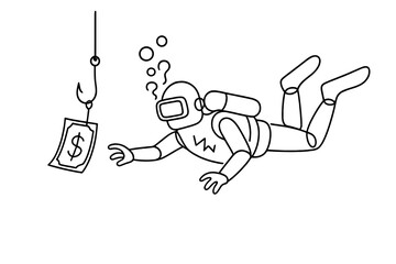 Diver exploring underwater while reaching for dollar bill dangling from fishing hook