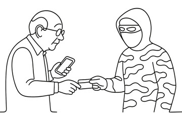 Elderly man exchanges personal information with a masked figure in a suspicious transaction
