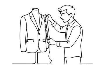 Tailor measures a suit on a mannequin in a workshop setting