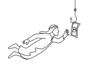 Person reaching for a dollar bill while diving underwater in a simplistic black line drawing style