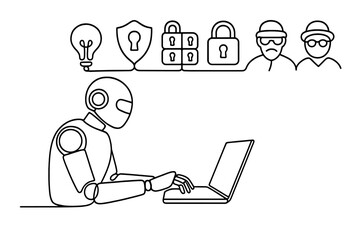 Robot working on a laptop with cybersecurity symbols and figures illustrating online privacy concerns