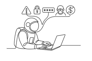 Astronaut working on a laptop while encountering security warnings and symbols in a digital environment