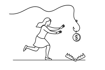 Woman running towards dollar sign dangling from hook while avoiding a trap on the ground