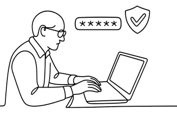 Man using laptop securely to enter password at home office during daytime