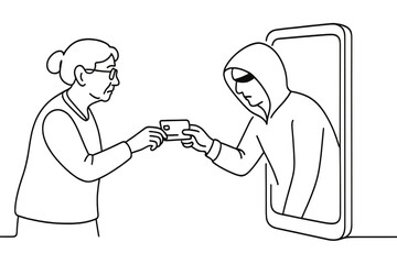 Elderly woman interacts with a figure in a hoodie while using a smartphone in a simple line drawing scene