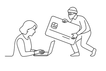 Cyber theft scenario with a hacker stealing a credit card from an online user in a home office setting