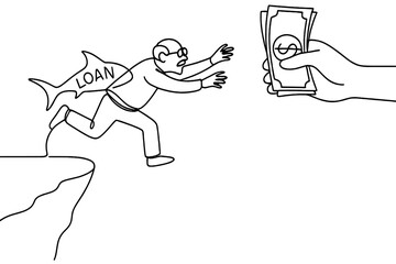 Illustrating the struggle of debt in a humorous way with a man leaping for a loan while holding cash