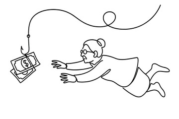 Elderly woman reaching for money on a fishing hook in a simple line drawing