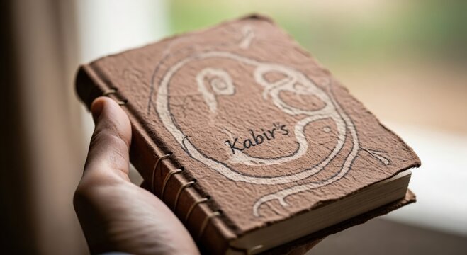 Close-up of a person's hand holding a rustic, handmade book with a textured brown cover featuring intricate white designs and the name 'Kabir's' in cursive script, showcasing artisanal binding.