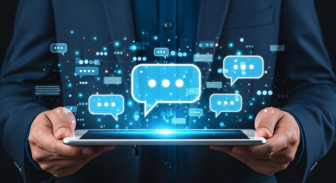 Digital communication bubbles connect globally on tablet