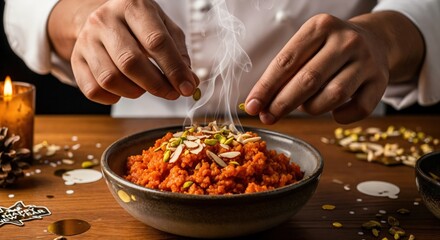 Professional chef's hands carefully garnishing a steaming bowl of traditional Indian Gajar Halwa with pistachios and almonds on a festive wooden table.