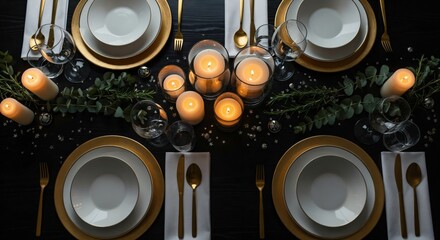 Elegant Christmas or New Year's Eve dinner table setting with golden accents, warm candlelight, and festive greenery on a dark background, ready for a special celebration.