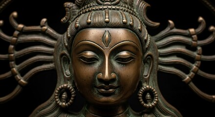 Obraz premium Detailed Bronze Sculpture of a Hindu Deity with Serene Expression and Ornate Headdress Against a Dark Background