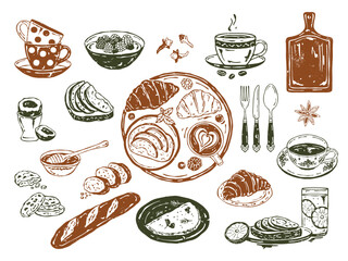 Breakfast Treats Vector Set. Hand-drawn cozy breakfast elements in textured monochrome style with croissant, baguette, avocado toast, omelet, egg, cookies, smoothie, coffee, tea, and lemon water