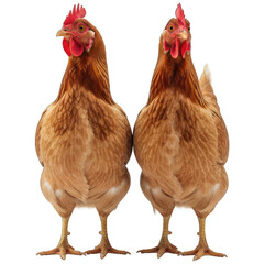 Naklejka premium Two brown hens stand side-by-side, facing forward with vibrant red combs and wattles
