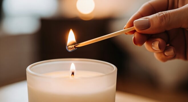 Close-up of a woman's hand holding a burning wooden matchstick above a lit white scented candle in a frosted glass jar, creating a warm and cozy home ambiance.