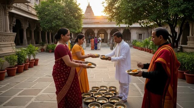 Devotees Distributing Prasad During Hindu Festival at Temple, Offering Sweets and Blessings for Janmashtami Radhashtami Lathmar Holi Jhulan Yatra Raas Leela Sharad Purnima Govardhan Puja