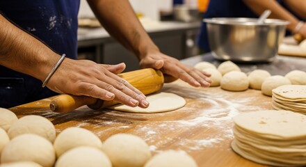 Male hands meticulously preparing traditional Indian flatbreads, such as roti or chapati, by rolling out dough on a flour-dusted wooden counter in a commercial kitchen setting.