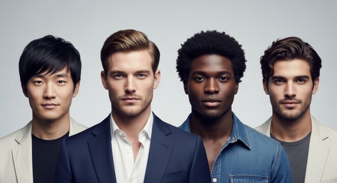 Diverse group handsome men posing together studio background. Asian, Caucasian, Black, Hispanic models wearing suit casual denim. Confident portraits ideal for men's fashion, grooming, corporate diver